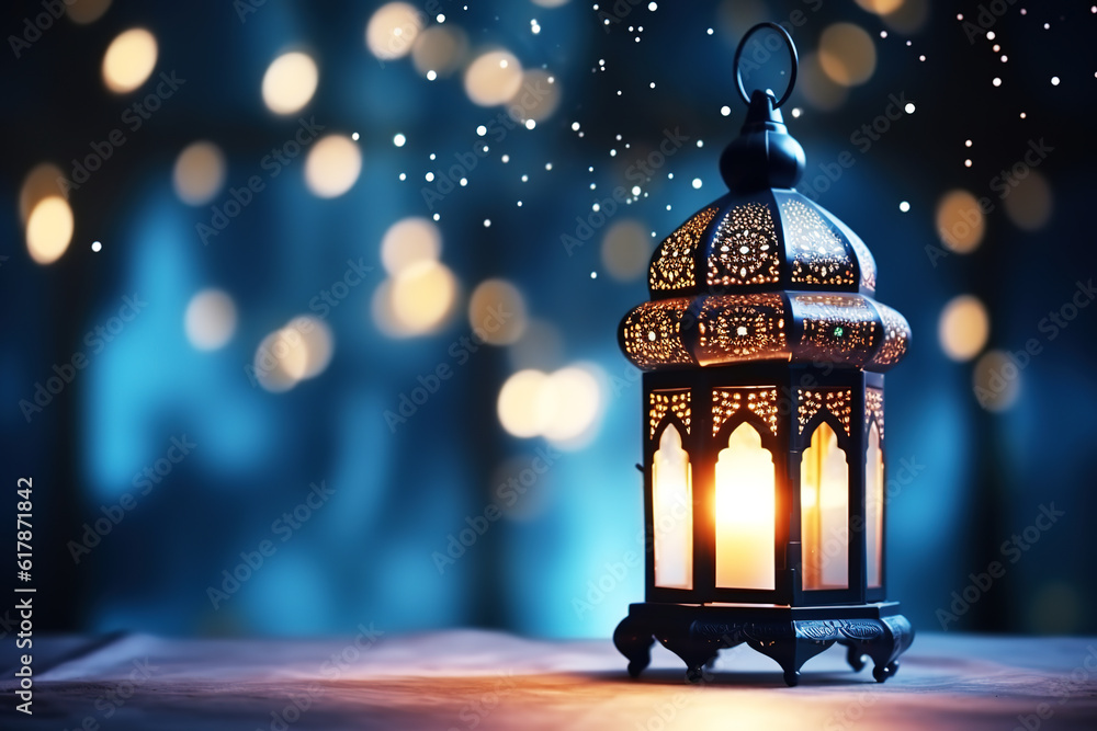 Ornamental Arabic lantern with burning candle glowing at night. Festive invitation for Muslim holy month Ramadan Kareem Ornamental Arabic lantern with burning candle glowing at night. Festive invitation for Muslim holy month Ramadan Kareem