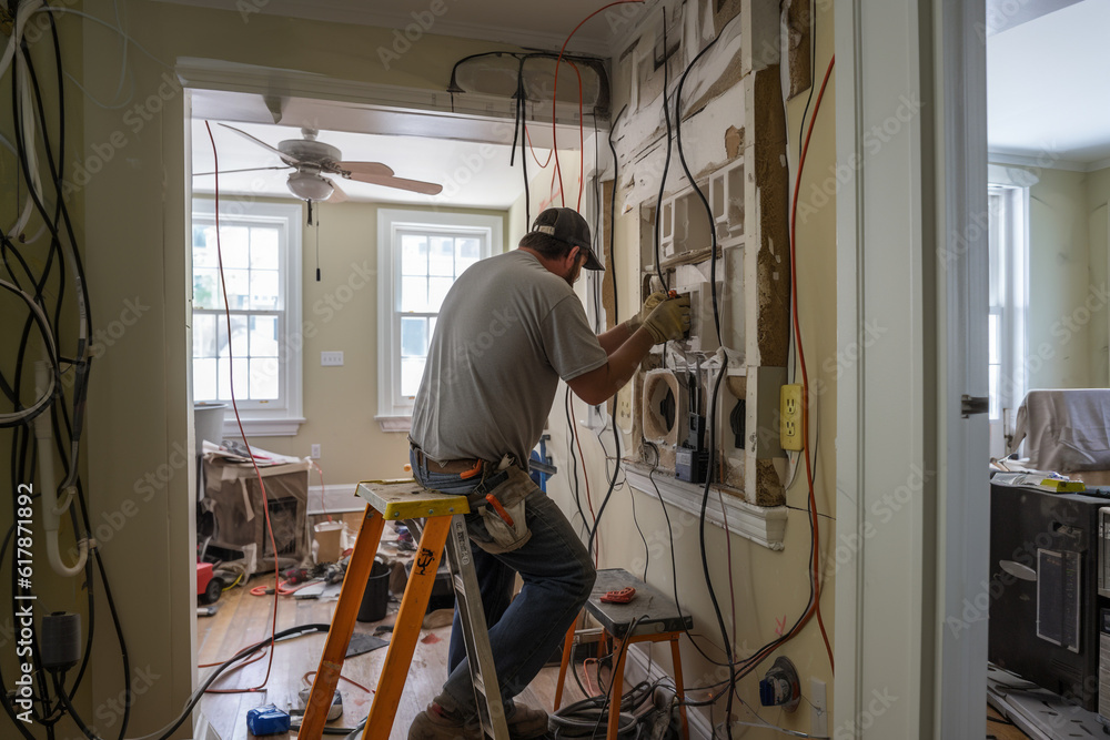 Worker repairing and tuning electrical system, renovation at home, working on main panel