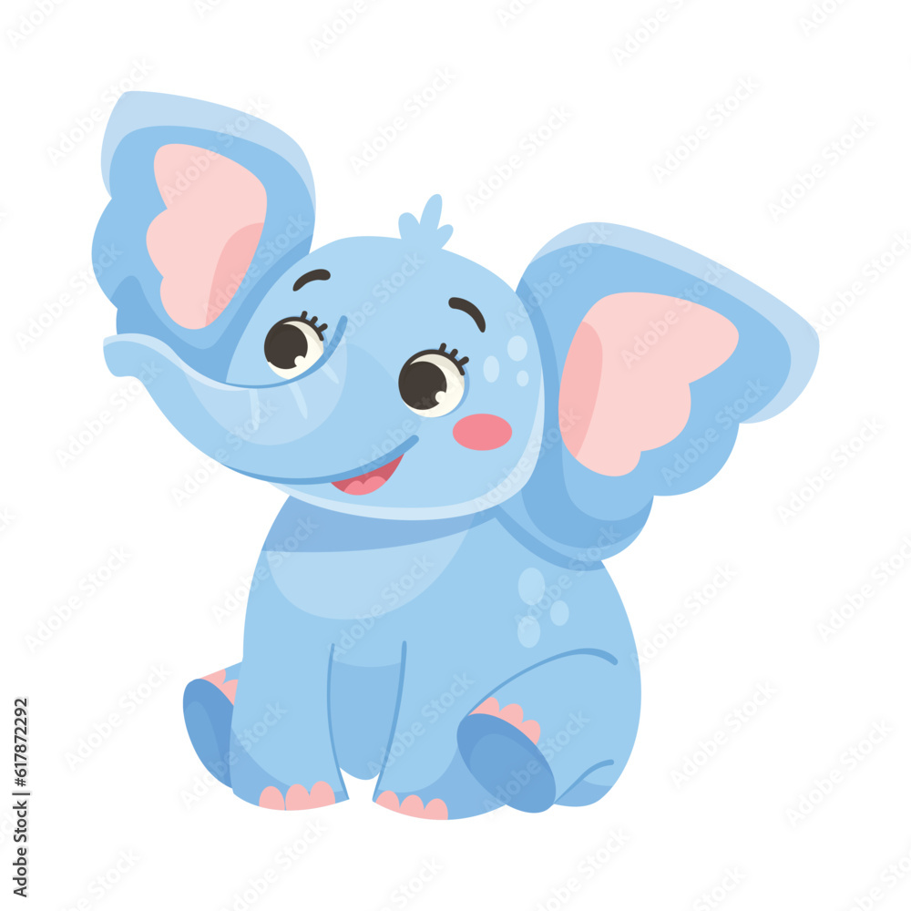 Cute Blue Baby Elephant Character Sitting with Large Ear Flaps and Trunk Vector Illustration