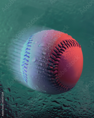 Motion blur over baseball with water for retro rain game poster with colorful sports art.