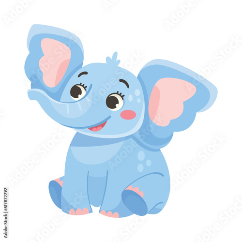 Cute Blue Baby Elephant Character Sitting with Large Ear Flaps and Trunk Vector Illustration © Happypictures