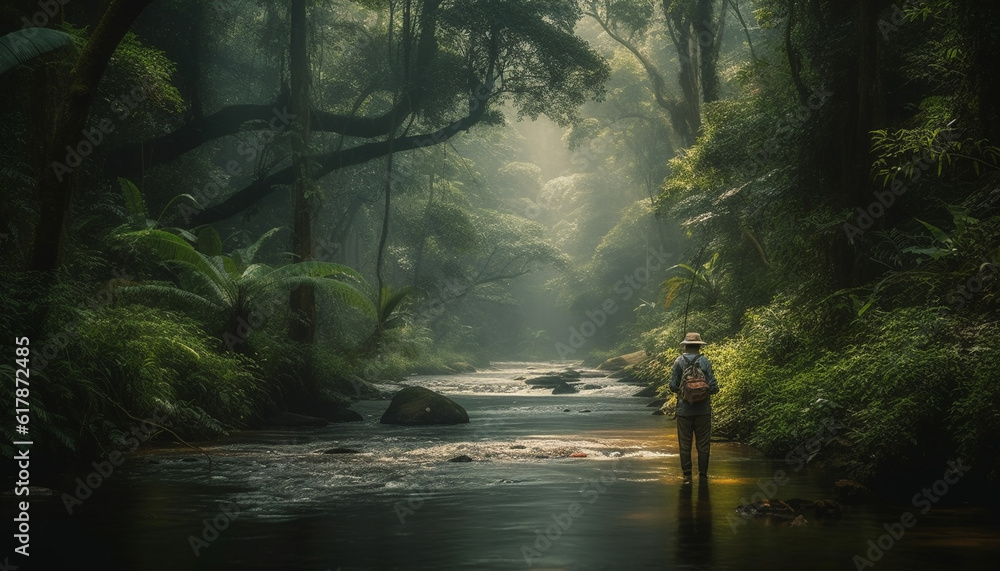One person hiking through foggy tropical rainforest, surrounded by beauty generated by AI