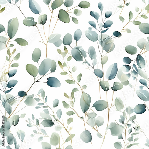 Watercolor silver dollar eucalyptus seamless pattern. Hand painted eucalyptus branch and leaves isolated on white background. Floral illustration.