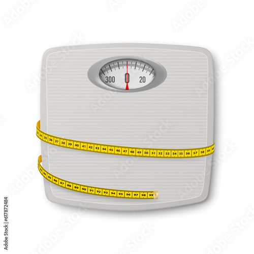 Vector 3d Realistic Bathroom Scales with Measuring Yellow Tape. Bathroom Body Weight Scales Closeup Isolate. Classic Retro Bathroom Floor Scale Design Template. The concept of Slimming, Weight Loss