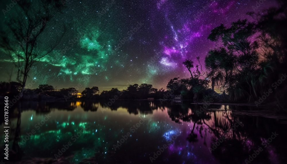 Obraz premium Tranquil scene illuminated by star trail in multi colored galaxy generated by AI