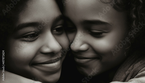 Two smiling children embracing in a close up portrait of love generated by AI