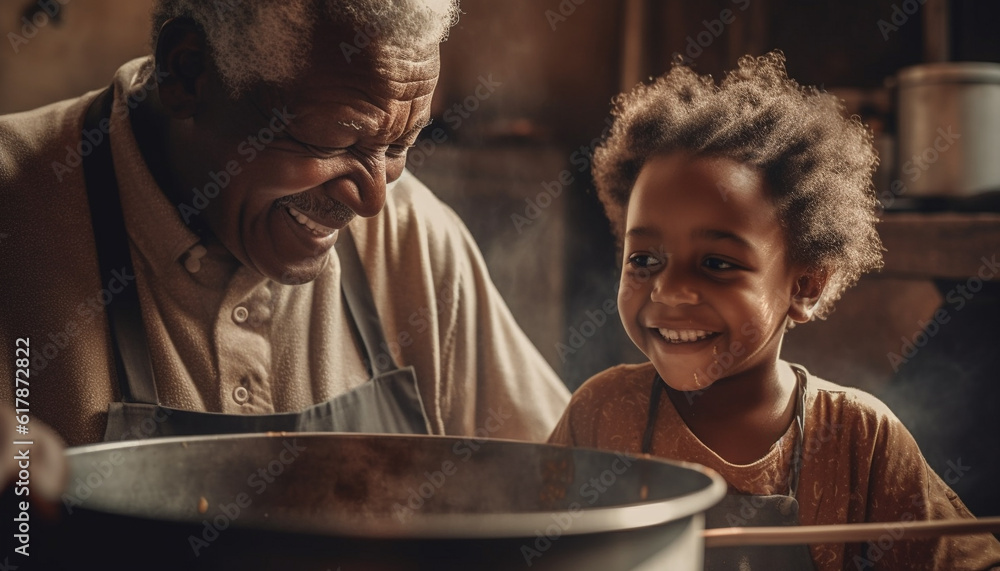 Multi generation family bonding in domestic kitchen preparing food together generated by AI Multi generation family bonding in domestic kitchen preparing food together generated by AI