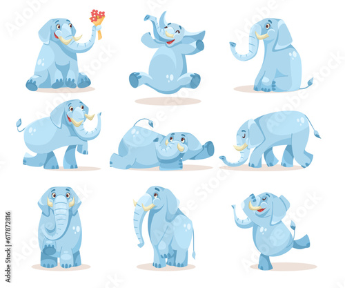 Cute Blue Elephant Character with Large Ear Flaps and Trunk Vector Set