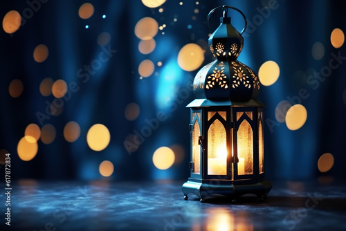 Ornamental Arabic lantern with burning candle glowing at night. Festive invitation for Muslim holy month Ramadan Kareem