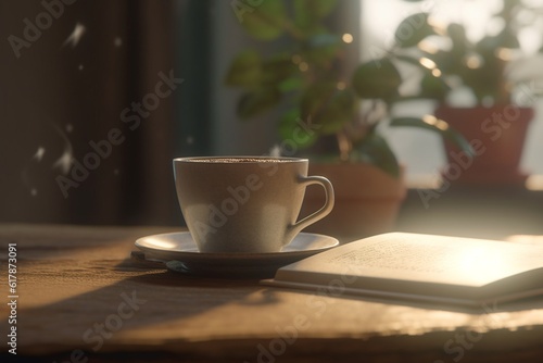 A close-up of a cup of coffee or tea on a wooden table with a book and a potted plant in the background  Generative AI