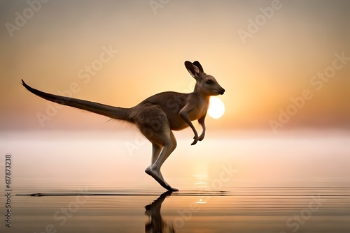 Kangaroo dancing on the bank of the river at the time of sunset