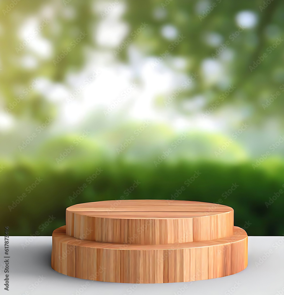 Beige background with round wood slice podium with green leaves. Generative AI Beige background with round wood slice podium with green leaves. Generative AI