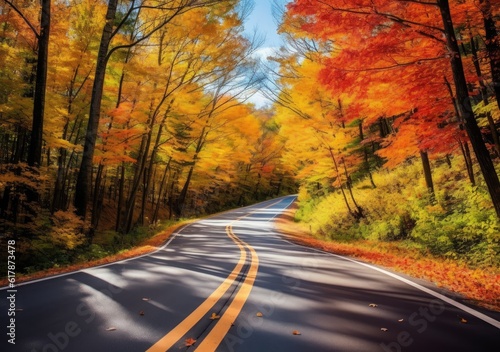 Autumn road trip. Highway in beautiful autumn landscape created with Generative AI technology