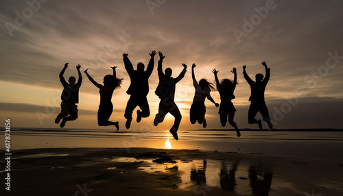 A joyful group of people jumping in the back lit sunset generated by AI