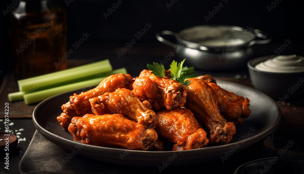 Grilled buffalo chicken wings on rustic wood plate with dip generated by AI Grilled buffalo chicken wings on rustic wood plate with dip generated by AI