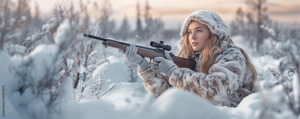 Fototapeta premium A beautiful young hunter woman in camouflage lies on the ground and looks into the rifle. generative ai