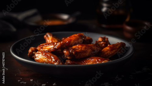 Grilled buffalo chicken wings on rustic wood plate, with savory sauce generated by AI