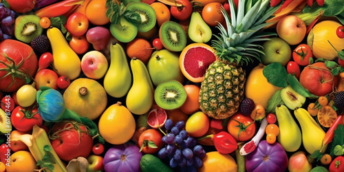 Get ready for a flavor explosion with this vibrant image of colorful fruits and veggies. Generative ai.