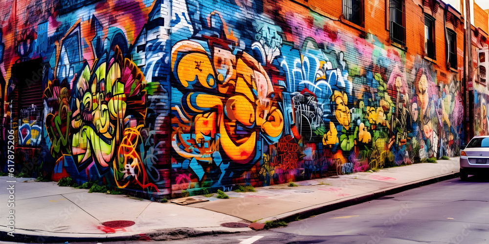 Fototapeta premium Street Art Scene: A vibrant urban setting with colorful graffiti murals. Generative ai.