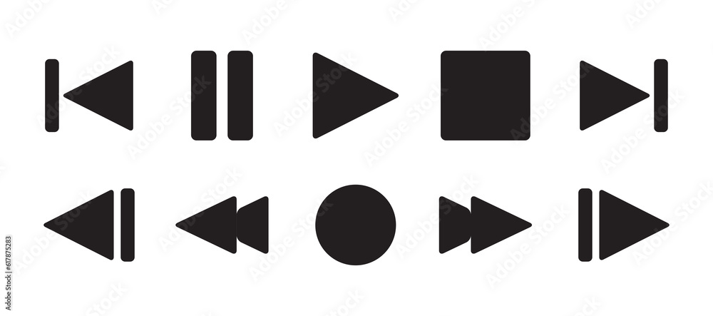 Set of media player black button icons. Play and pause buttons, video audio player, player button set icon symbol, play and pause vector button. Vector illustration Set of media player black button icons. Play and pause buttons, video audio player, player button set icon symbol, play and pause vector button. Vector illustration