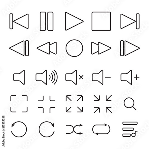 Media Player icon set, Buttons multimedia interface, Music, audio, stop, play, pause, record, volume and more, Line vector illustration
