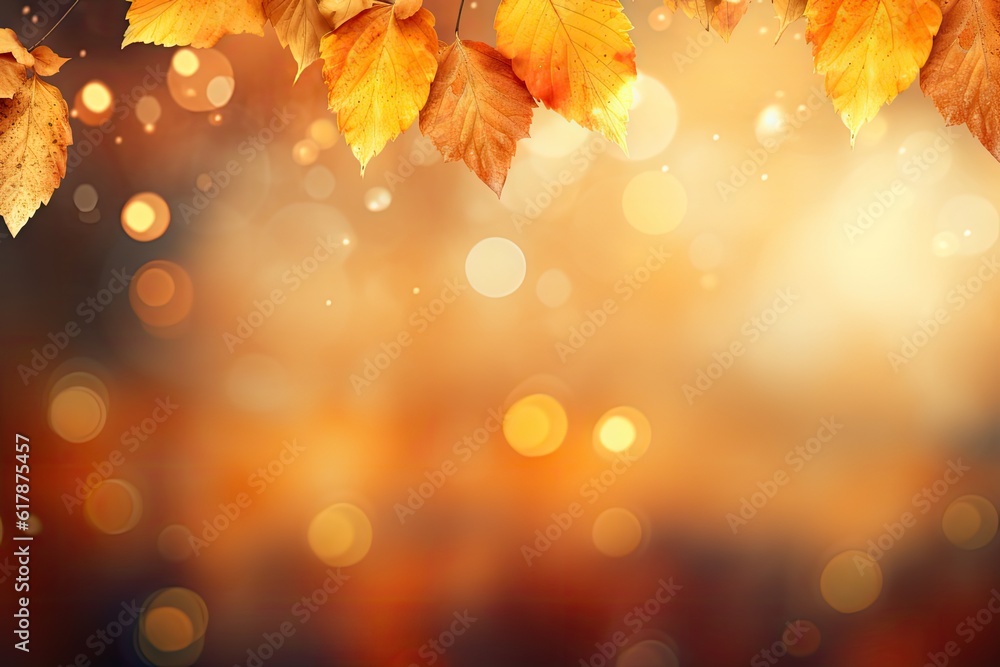 Autumn leaves decoration blurred background, wide panorama format created with Generative AI technology Autumn leaves decoration blurred background, wide panorama format created with Generative AI technology