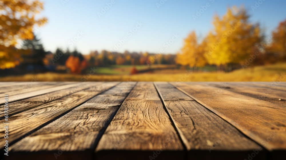 Fototapeta premium Empty wooden table with a serene meadow and trees