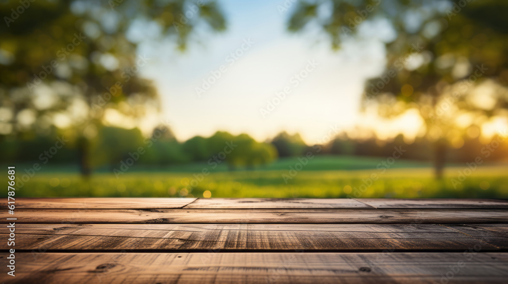 Fototapeta premium Empty wooden table with a serene meadow and trees
