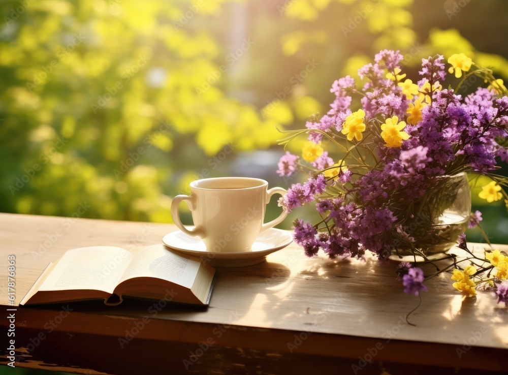 book flowers and cup, autumn compositionAutumn time in garden on backyard created with Generative AI technology book flowers and cup, autumn compositionAutumn time in garden on backyard created with Generative AI technology