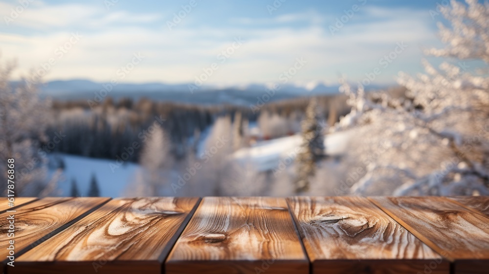 Empty wooden table with a winter landscape