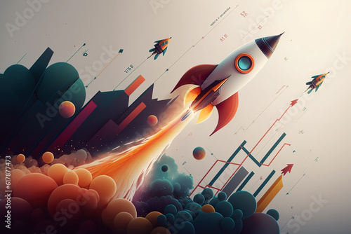 Fototapeta Naklejka Na Ścianę i Meble -  ai generated  Illustration space rocket with bar graph startup, business concept