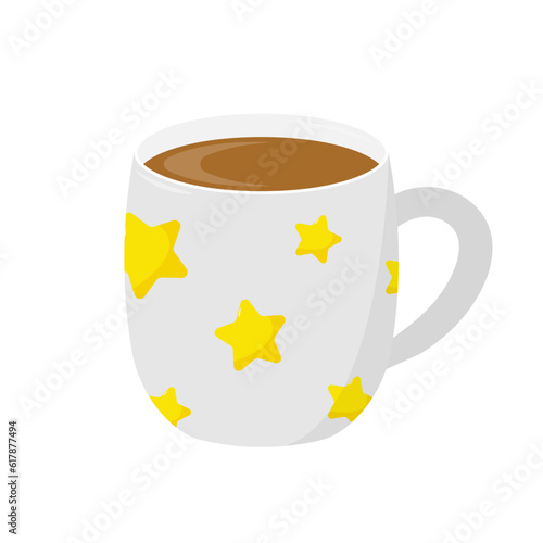 Beautiful white mug of coffee with patterns on a white background. Vector illustration in flat style.	
