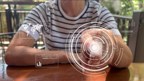 The woman press the button , Global application technology ,Digital data