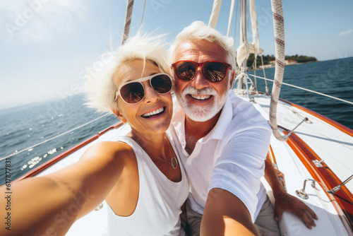 Happy elderly couple of tourists take a selfie on the seascape while traveling on a sailing yacht. Travel retirement concept. AI generated. © serperm73