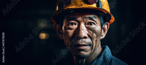 Asian man with face dirty, helmet on his head, dark background to emphasise deep mine - natural resource miner, concept of hard working conditions mining industry in China and Asia. Generative AI © Lubo Ivanko