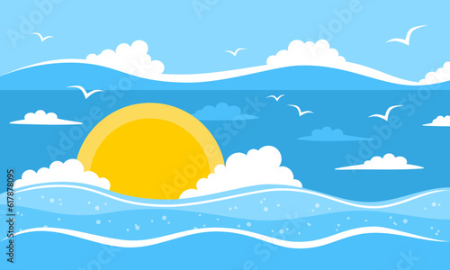 Seascape with sunset, waves, clouds and seagulls. Vector illustration in flat style
