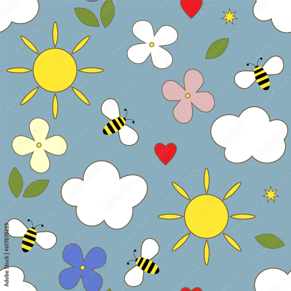 Funny cartoon 70s hippie clockwork set - sun, flowers, clouds, bees, heart, stars on a blue background. Seamless pattern in trendy style. Print for children. Honey concept