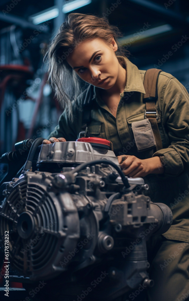A young female mechanic is repairing a car engine. Competent and confident A young female mechanic is repairing a car engine. Competent and confident