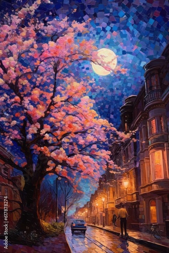 Illustration of beautiful city at night by mosaic paint style Created with Generative AI technology.