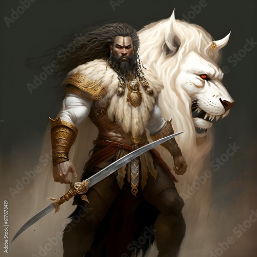 design character a hypermuscled mixedrace soldier white uniform with a towering mane beard and sideburns fangs dressed in white lion and holding an ivory saber  photo