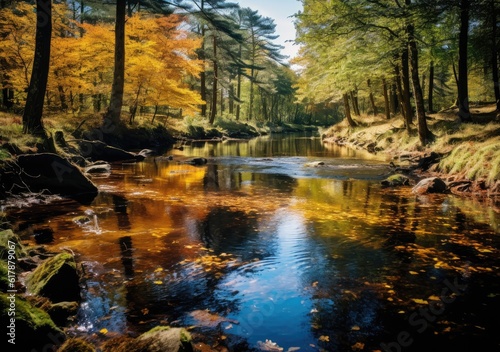 Autumn river landscape. Forest river in autumn nature. created with Generative AI technology