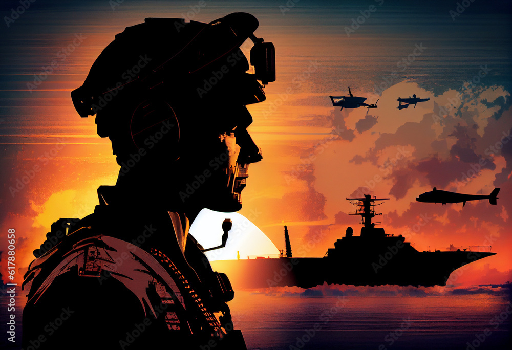 Φωτογραφία Silhouette of military pilots near the planes on the deck of an aircraft carrier ship