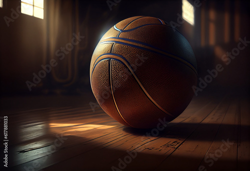 A basketball in a dark room illuminated by a narrow beam of light. AI generative.
