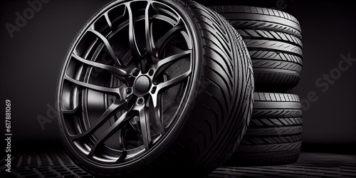 A stack of new car wheels with aluminum rims on a black background. AI generative.