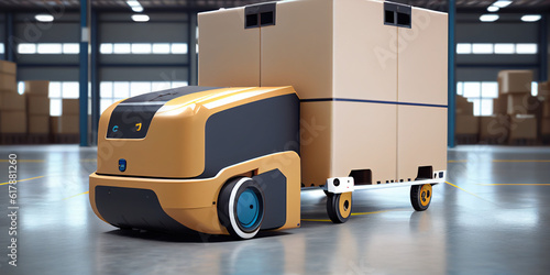 Smart warehouse concept. Autonomous automatic loader loads pallets with boxes. AI generated.