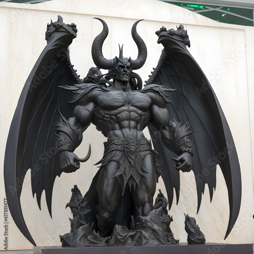 huge dark marble statue of illidan in the center of stormwind extreme detailed ultra realistic 