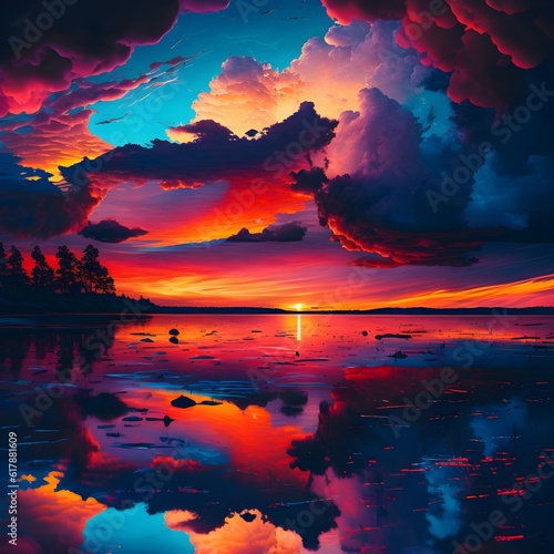 Vivid colourful sunset sky over water 
