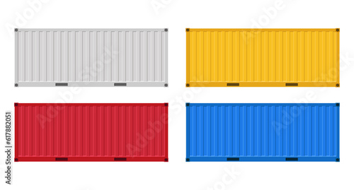 Four shipping containers. Set of cargo containers in different colors. Vector illustration. Isolated on a white background.	
