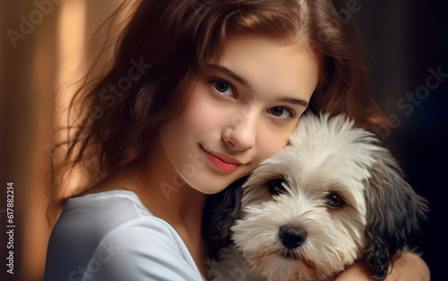 A teenage girl hugs her dog. Happy and in love for animals