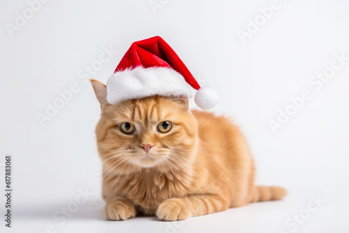 Cute ginger cat in santa hat on white background. Merry Christmas concept. Generative AI